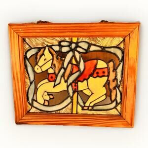 Vintage Stained Glass Carousel Horse Window Art 11x10 Wood Frame